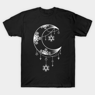 Crescent Moon Winter Christmas Snowflake Design T-Shirt